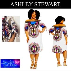 ASHLEY STEWART Ivory Off Shoulder High/Low Dress w/Split Tie Sleeves, EUC